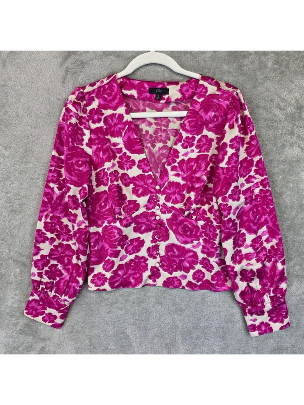 J.Crew Blouse Womens 6 Pink Floral V Neck Long Sleeve Satin Button Front Top